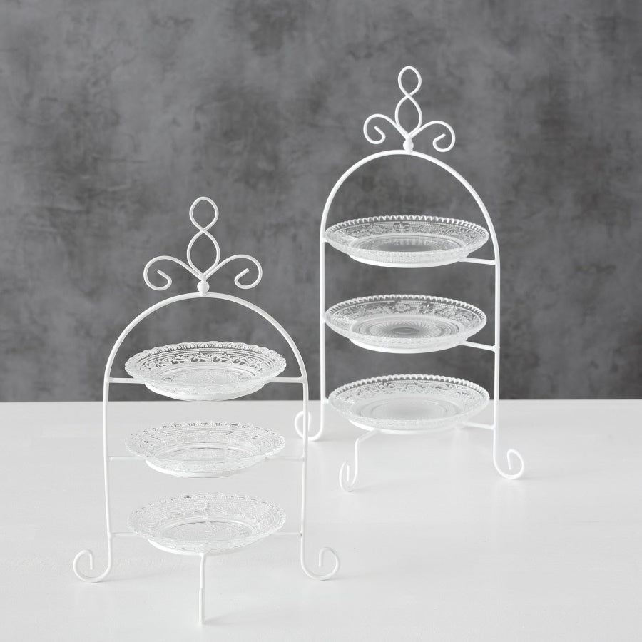 Etagere verziert weiß mit Glas für Hochzeit mieten