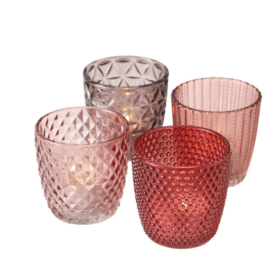 Teelichtglas 4er Set, rot/rosa