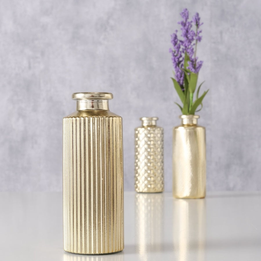 Vasen 3er Set gold mit Struktur für Hochzeit mieten