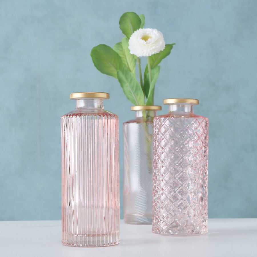 Vasen 3er Set rosa mit Goldrand für Hochzeit mieten