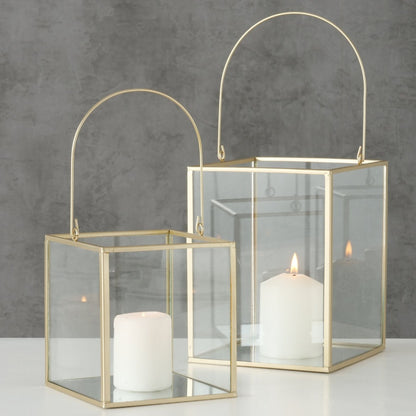 Windlicht 2er Set klassisch gold mit Glas und Henkel für Hochzeit mieten