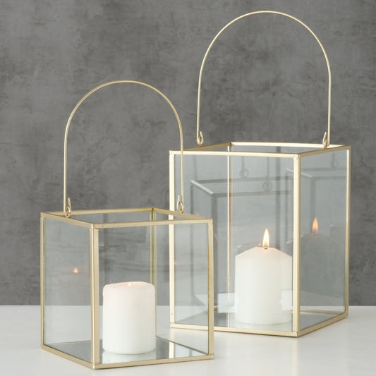 Windlicht 2er Set klassisch gold mit Glas und Henkel für Hochzeit mieten